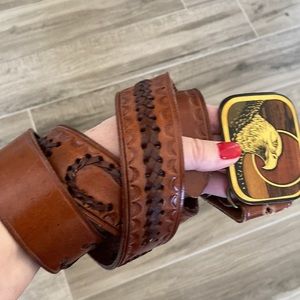 Vintage Harmony Metal solid brass wood inlay eagle belt buckle and leather belt